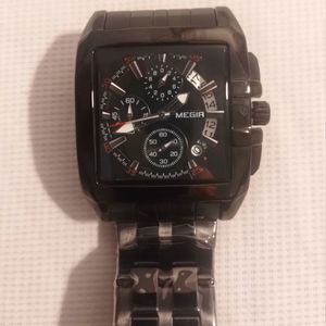Megir Mens Multi-function Quartz Chrono, Black Stainless, NWT'S NIB, w/Link tool